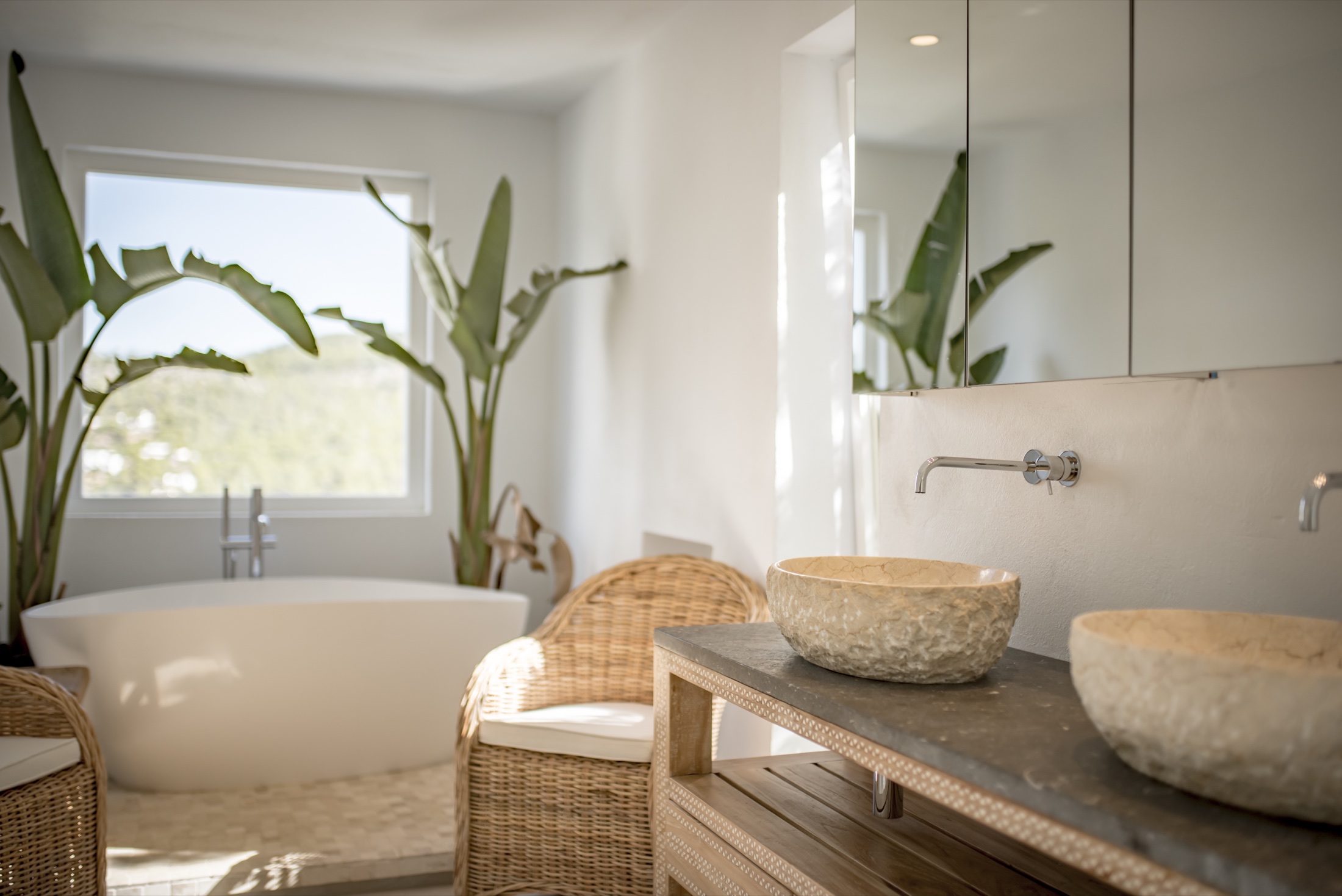 Light-filled bathroom at a completed Cala Vadella residence in Ibiza